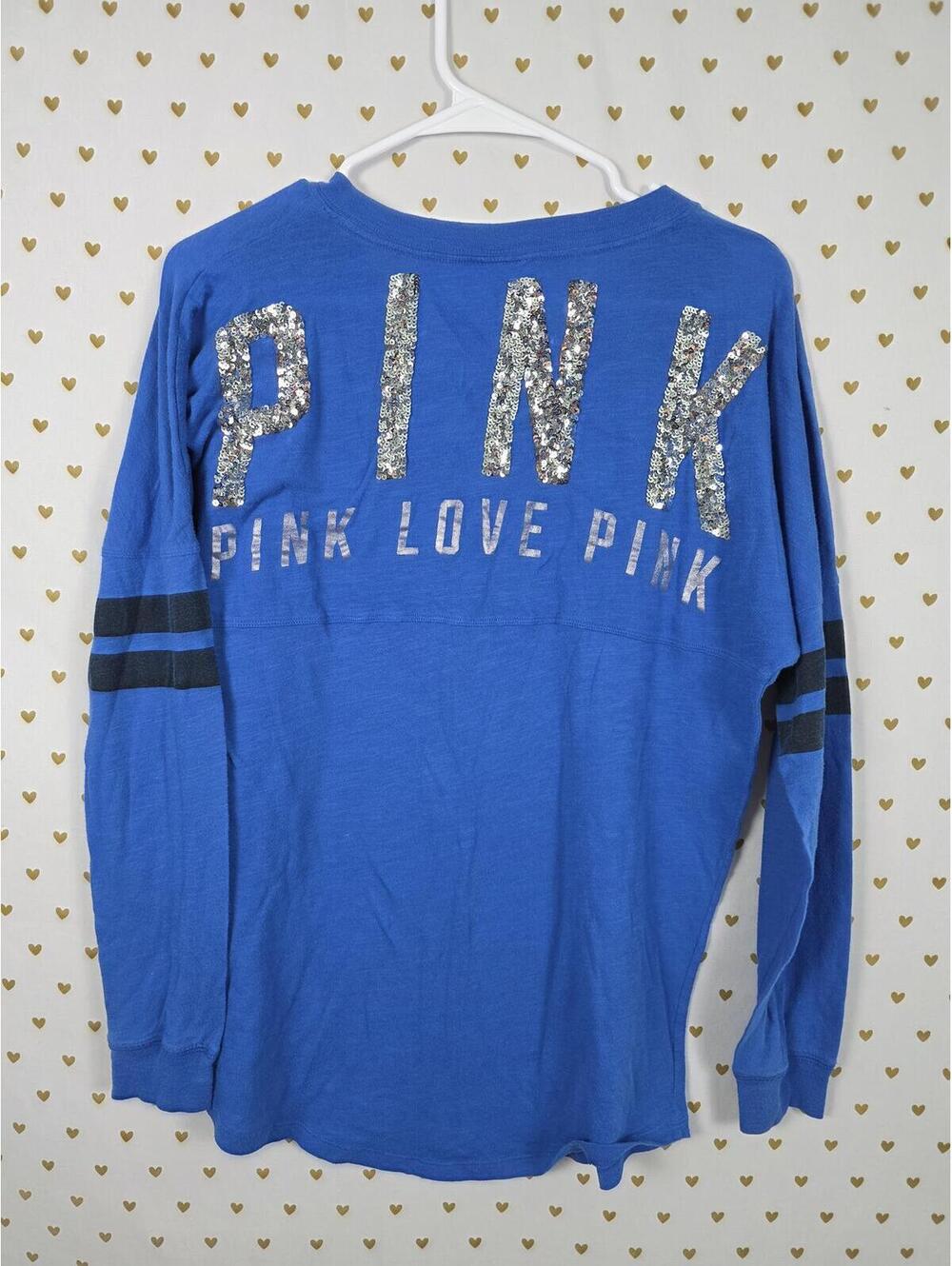 Victorias Secret PINK Blue Bling Silver Sequin Campus Tee Shirt XS Oversized